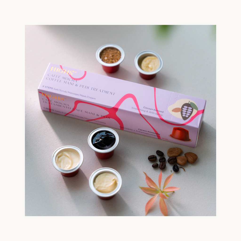 HIGHS Caffé Mocha 5-Step Hand and Foot Treatment Set with scrub, soak, mask, butter, and lotion displayed with coffee beans and almonds for spa skincare