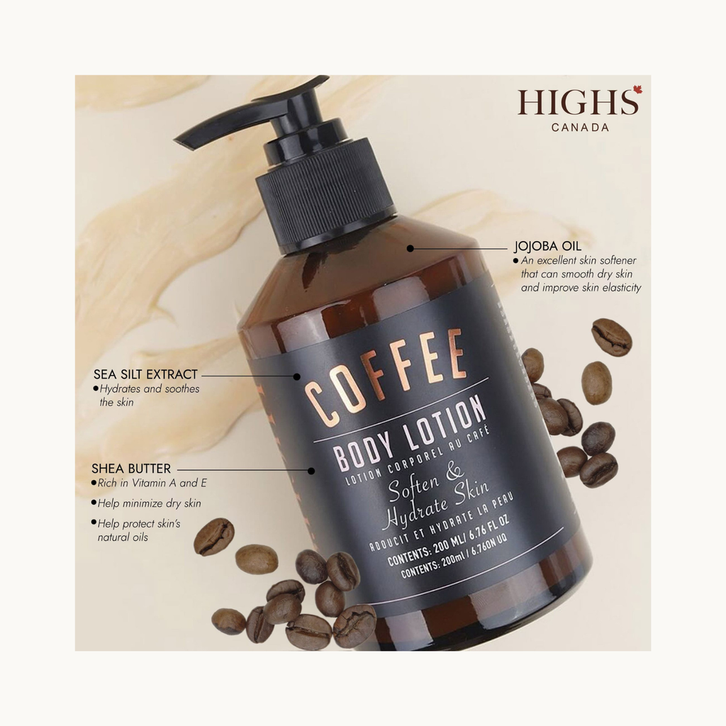 HIGHS Coffee Body Lotion with coffee beans showing hydrating and skin-softening benefits