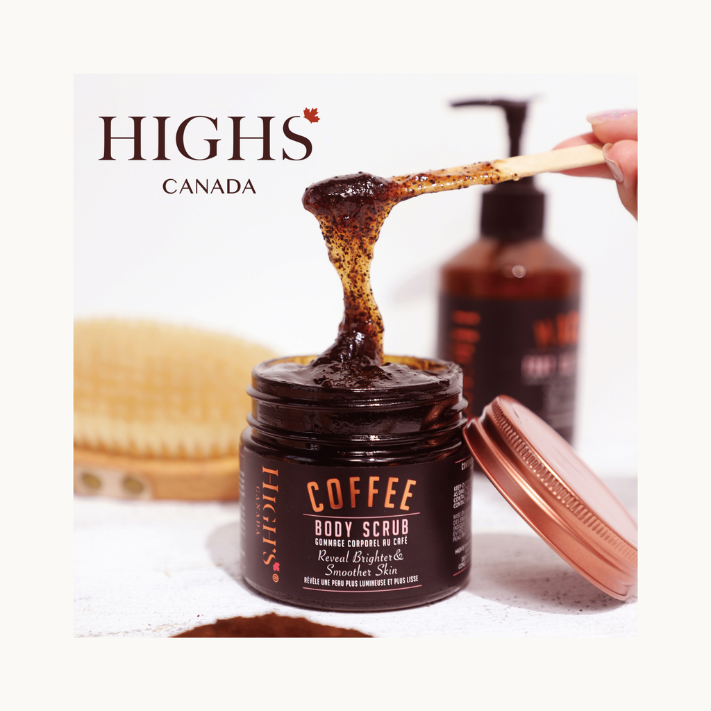 Close-up of HIGHS Coffee Body Scrub texture being lifted, showing thick exfoliating coffee granules for deep body polishing