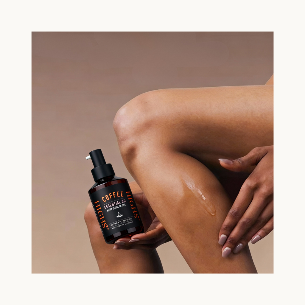 Model applying HIGHS Coffee Essential Oil on legs for smooth moisturized skin