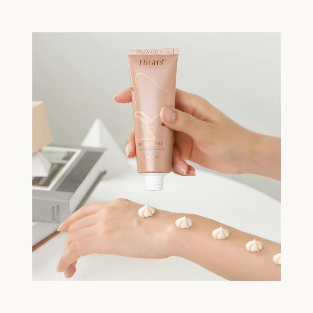 HIGHS Coffee Latte Hand Cream applied on skin showing dual coffee and cream formula smoothing hand treatment