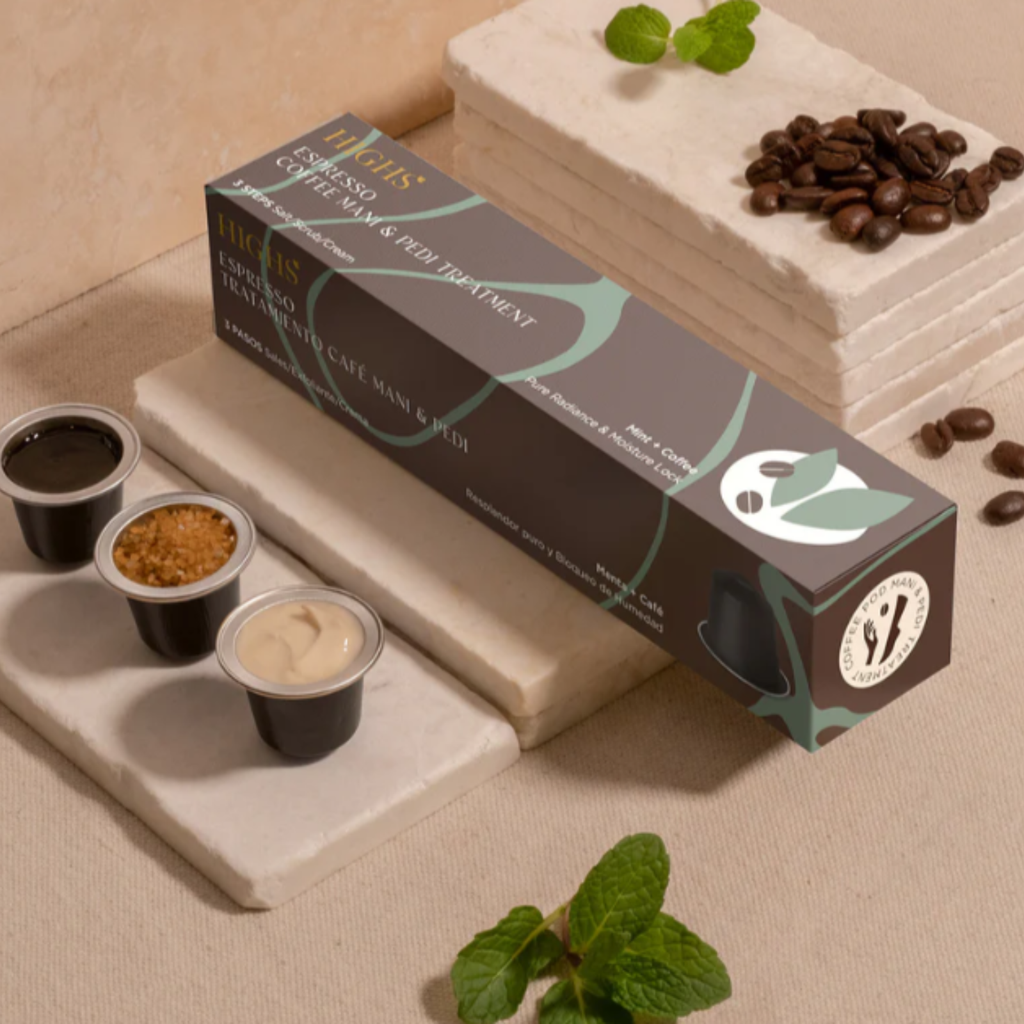 HIGHS Espresso Coffee hand and foot treatment set in Mint + Coffee formula, 3-step soak scrub cream spa kit with product cups and natural mint styling.