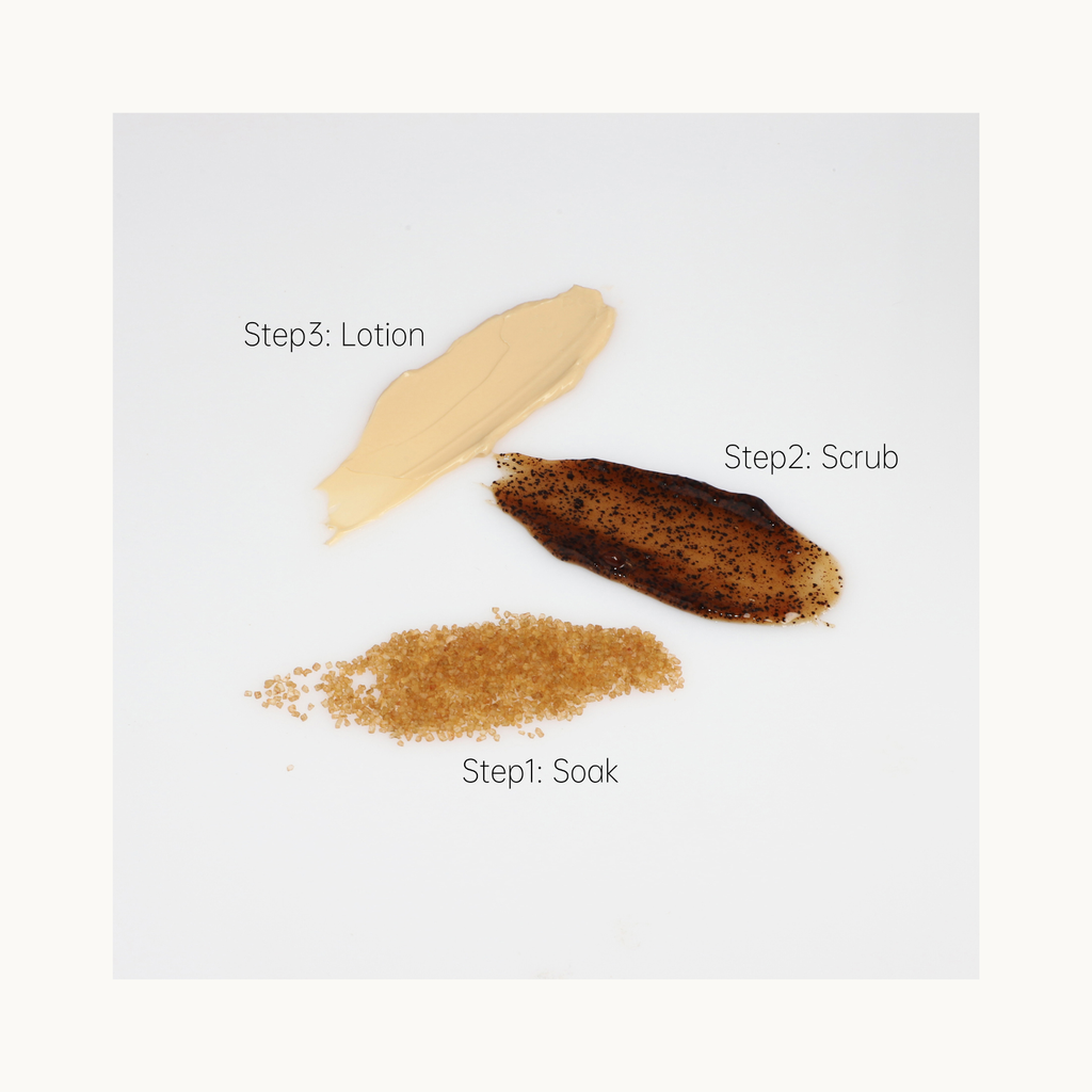 Texture swatches of HIGHS Espresso Coffee 3-step system showing soak salts, coffee scrub, and hydrating cream for manicure and pedicure treatments.