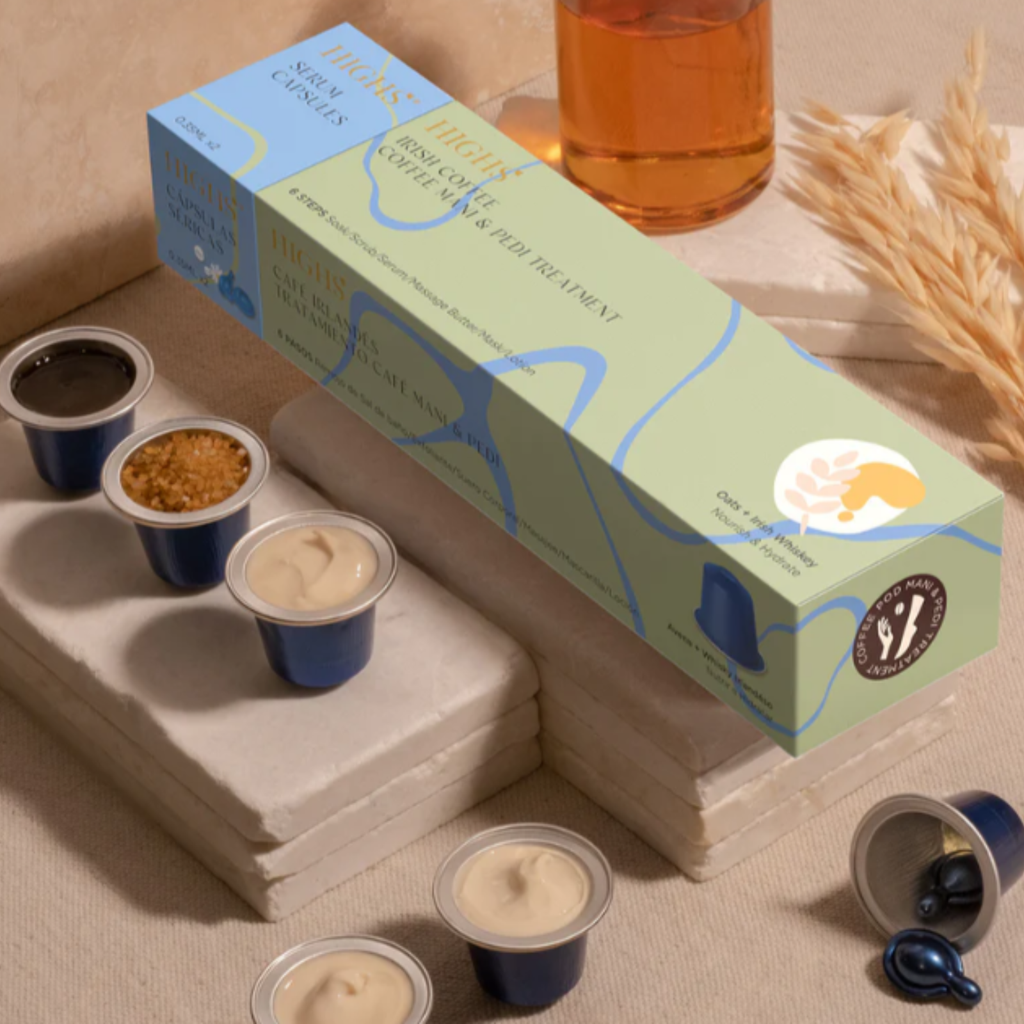 Highs Irish Coffee Hand and Foot Treatment Set with Oats and Irish Whiskey, 6-step mani pedi spa kit for sensitive skin