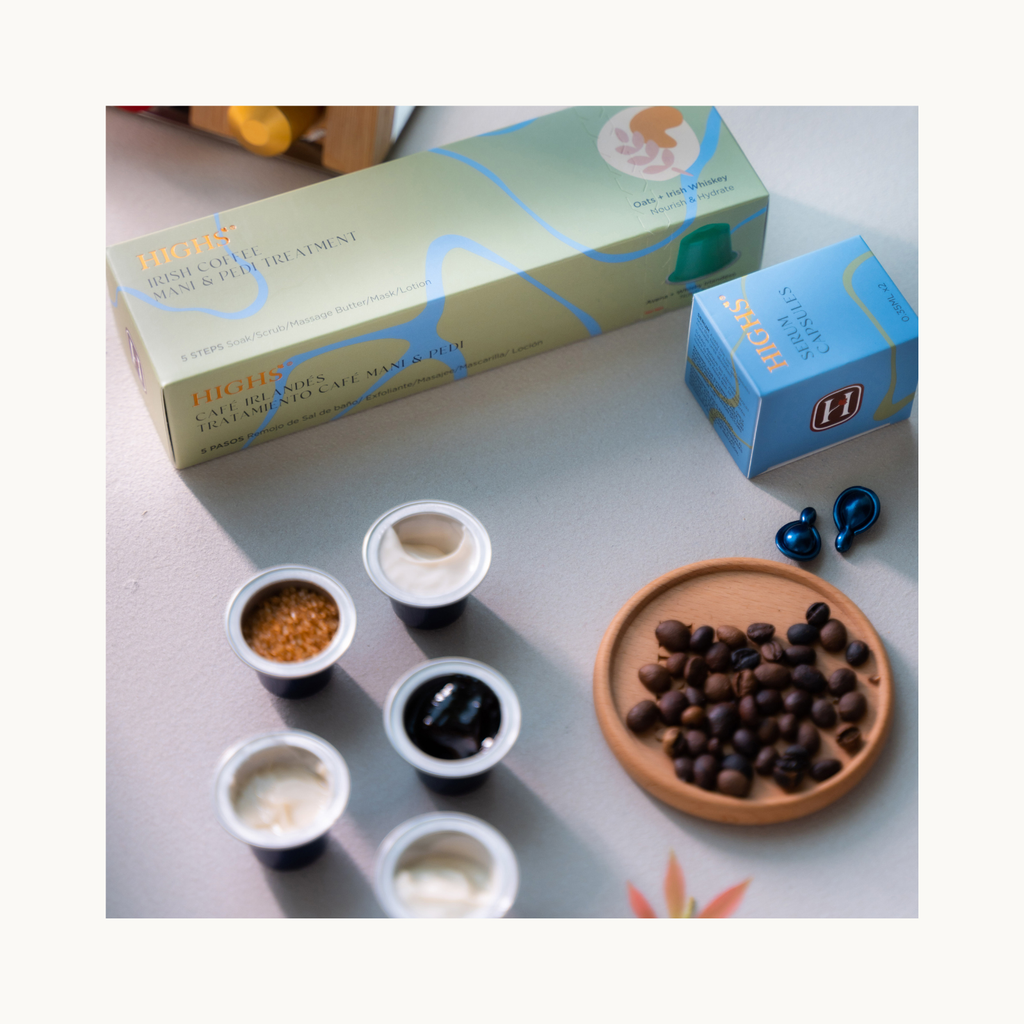 Highs Irish Coffee mani pedi treatment kit with oat amino acid, serum capsules, coffee scrub, mask and lotion