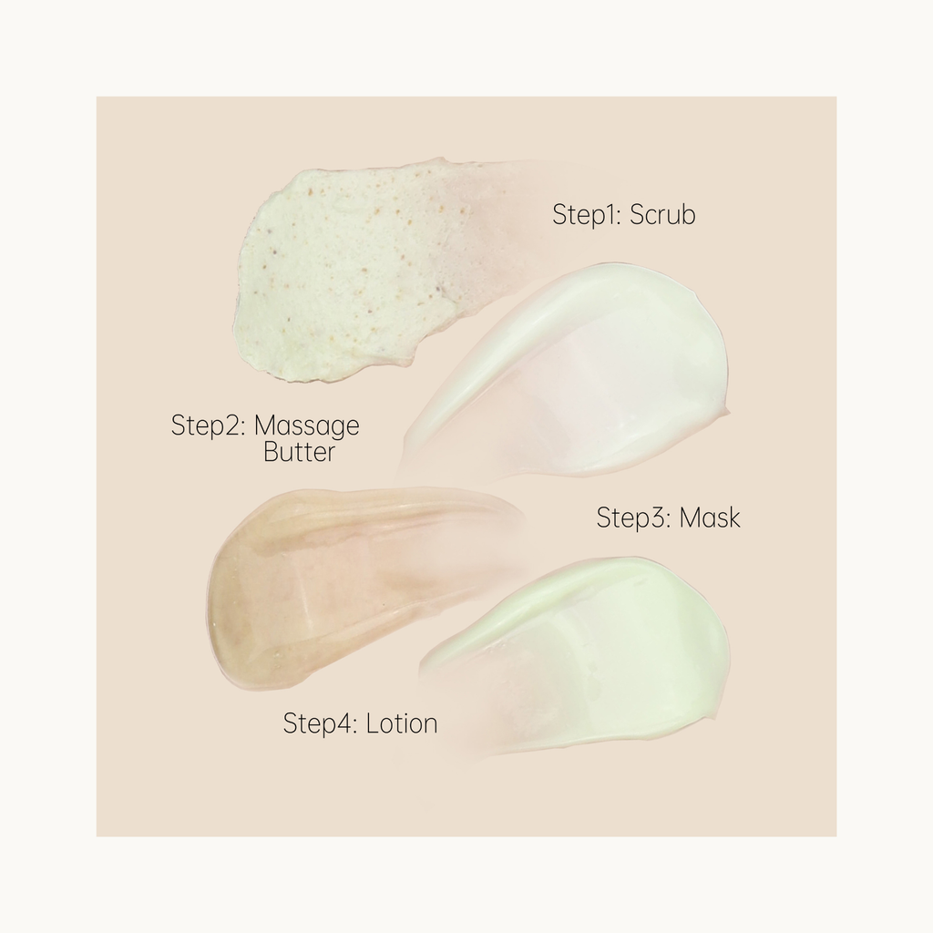 Textures of HIGHS Matcha Treatment including scrub, massage butter, hand mask and lotion for spa manicure care