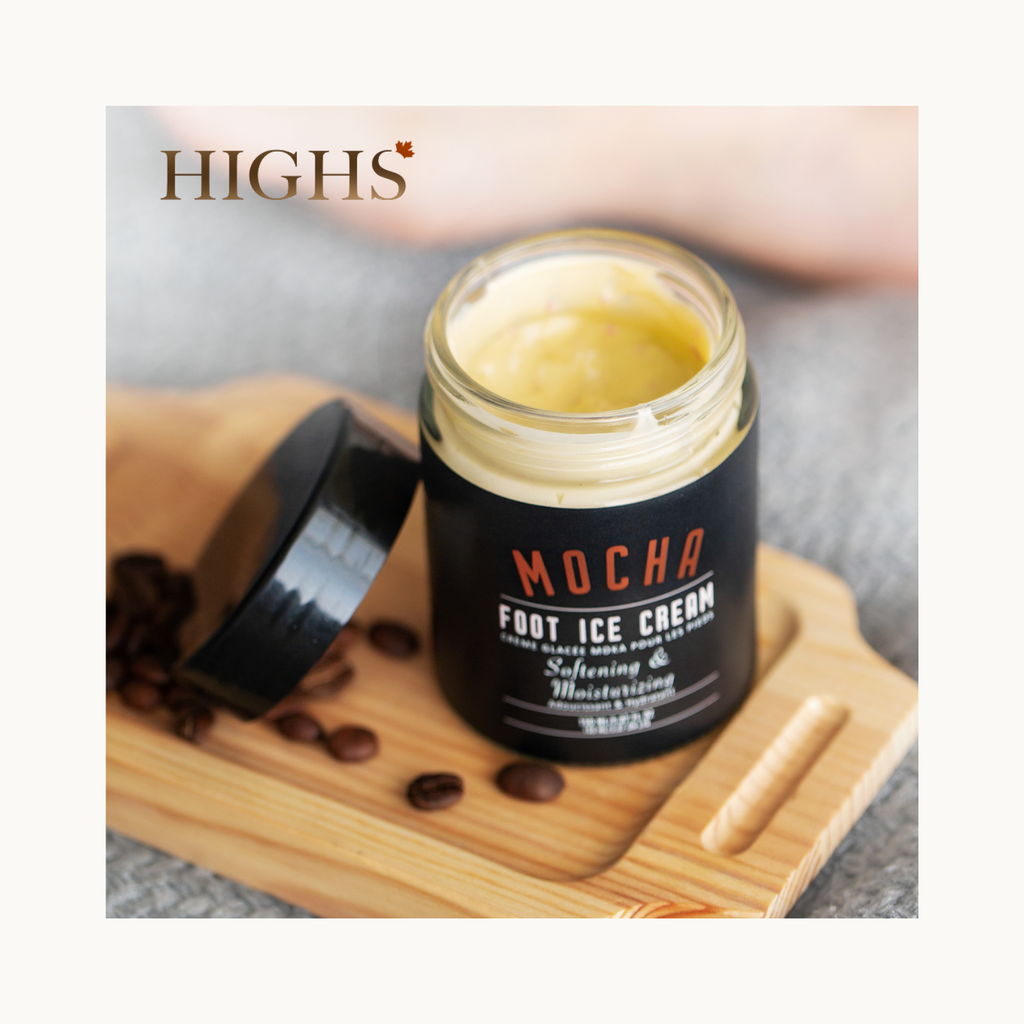 Open jar of HIGHS Mocha Foot Ice Cream showing creamy texture with coffee beans, nourishing and hydrating foot cream