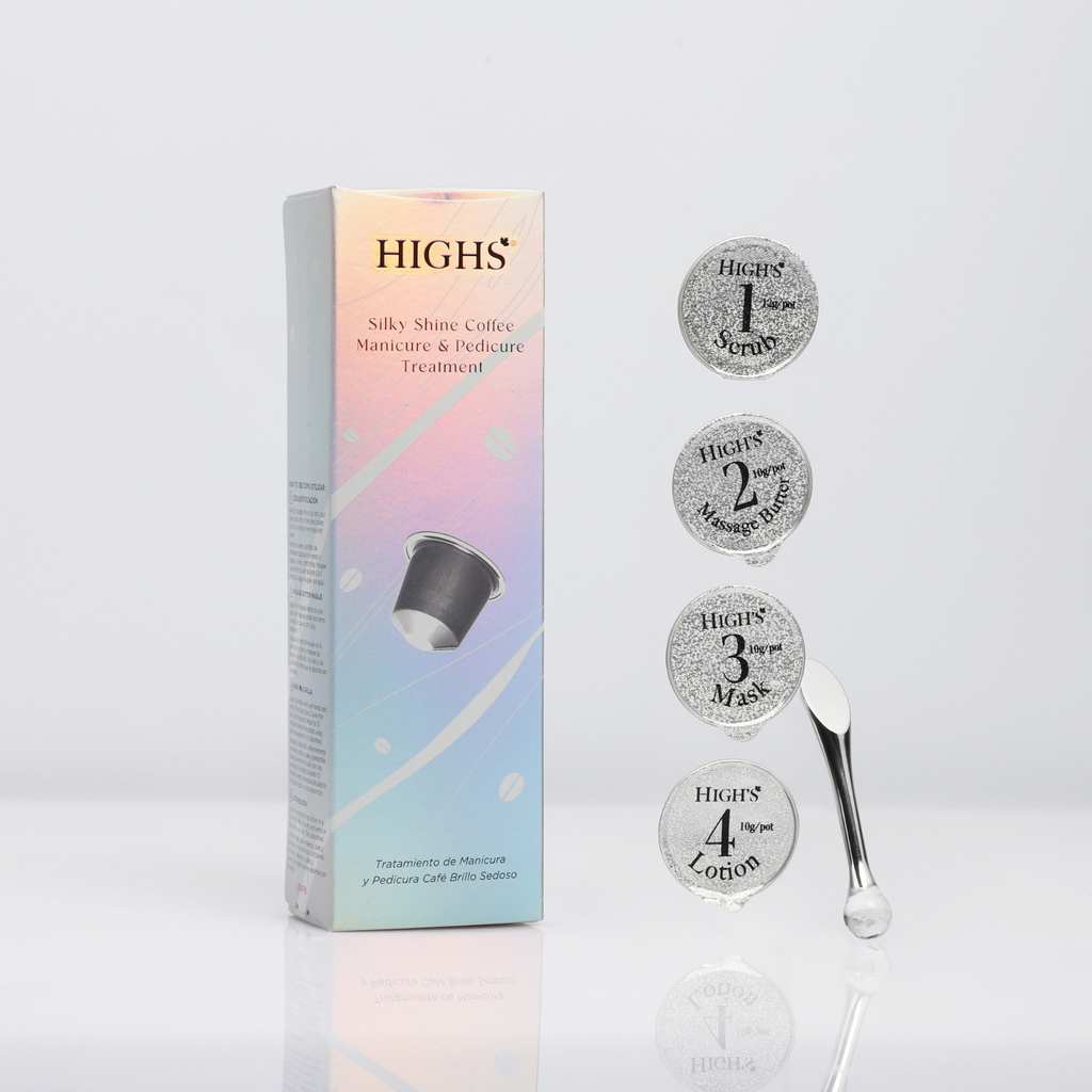 HIGHS Silky Shine Coffee Manicure and Pedicure Treatment set with scrub, massage butter, mask, and lotion cups displayed beside the package.