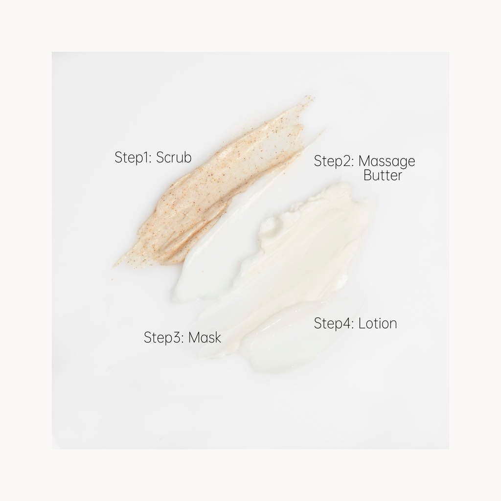 Texture swatches of the four-step HIGHS Silky Shine Coffee manicure and pedicure treatment including scrub, massage butter, mask, and lotion.