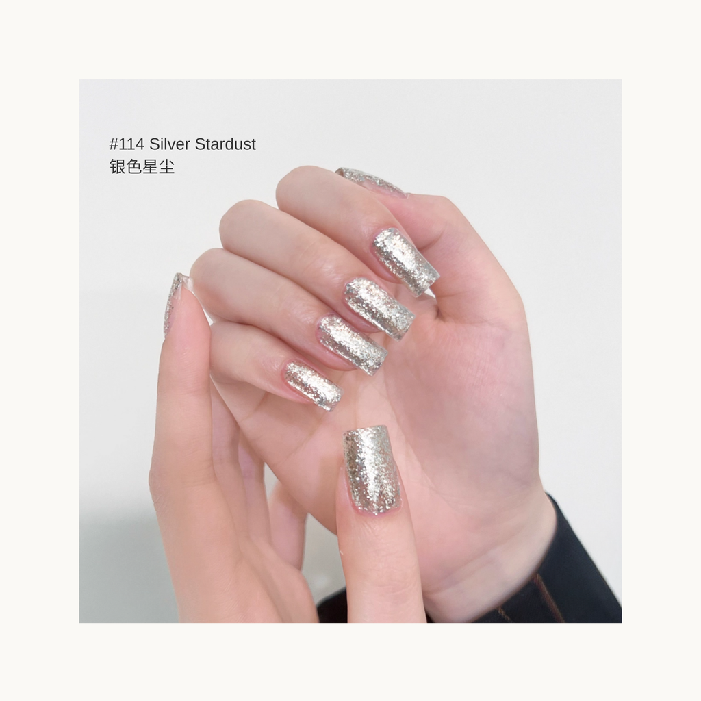 Dense silver glitter nail gel swatch #114 Silver Stardust