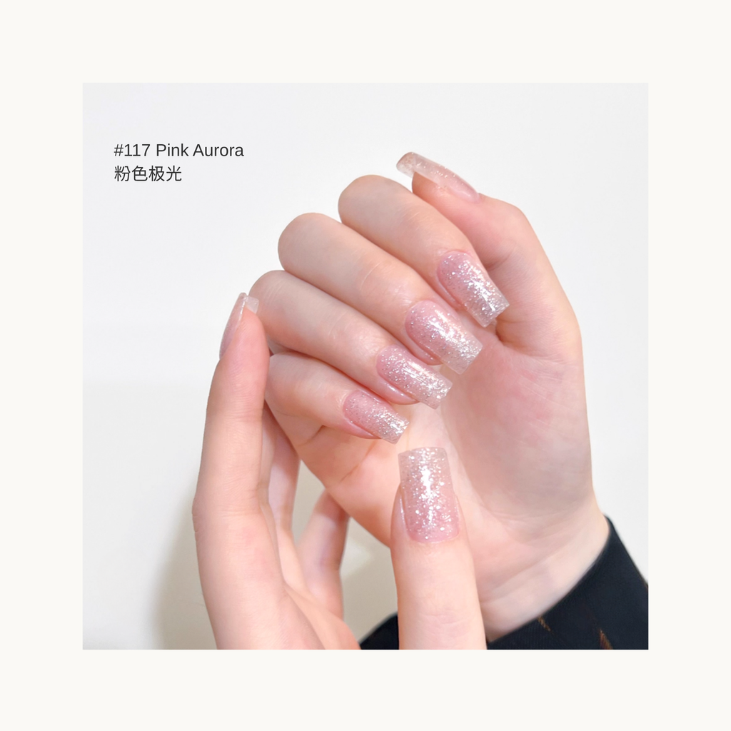 Sheer pink sparkling nail gel swatch #117 Pink Aurora