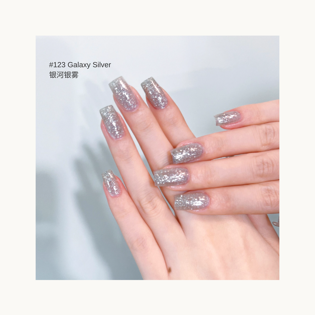 Deep-toned silver glitter nail gel swatch #123 Galaxy Silver