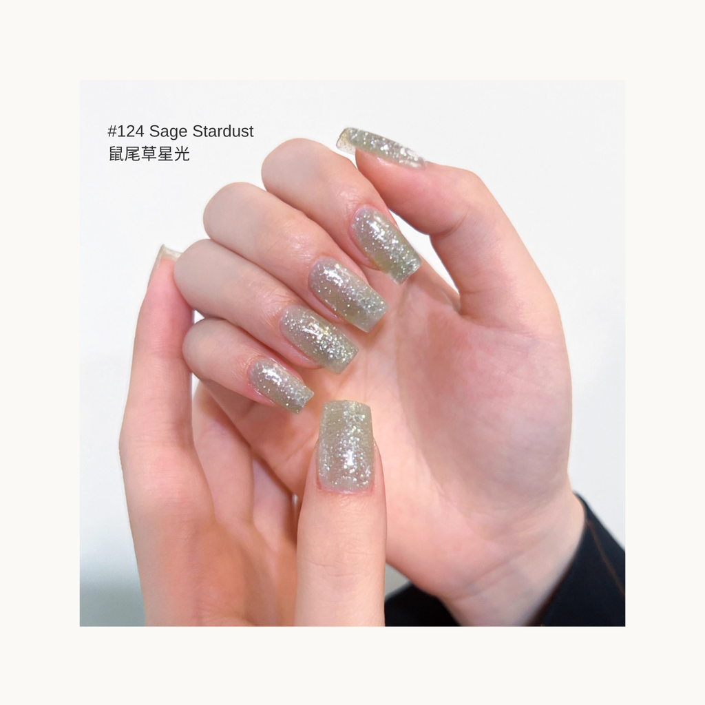 Sage green glitter nail gel swatch #124 Sage Stardust