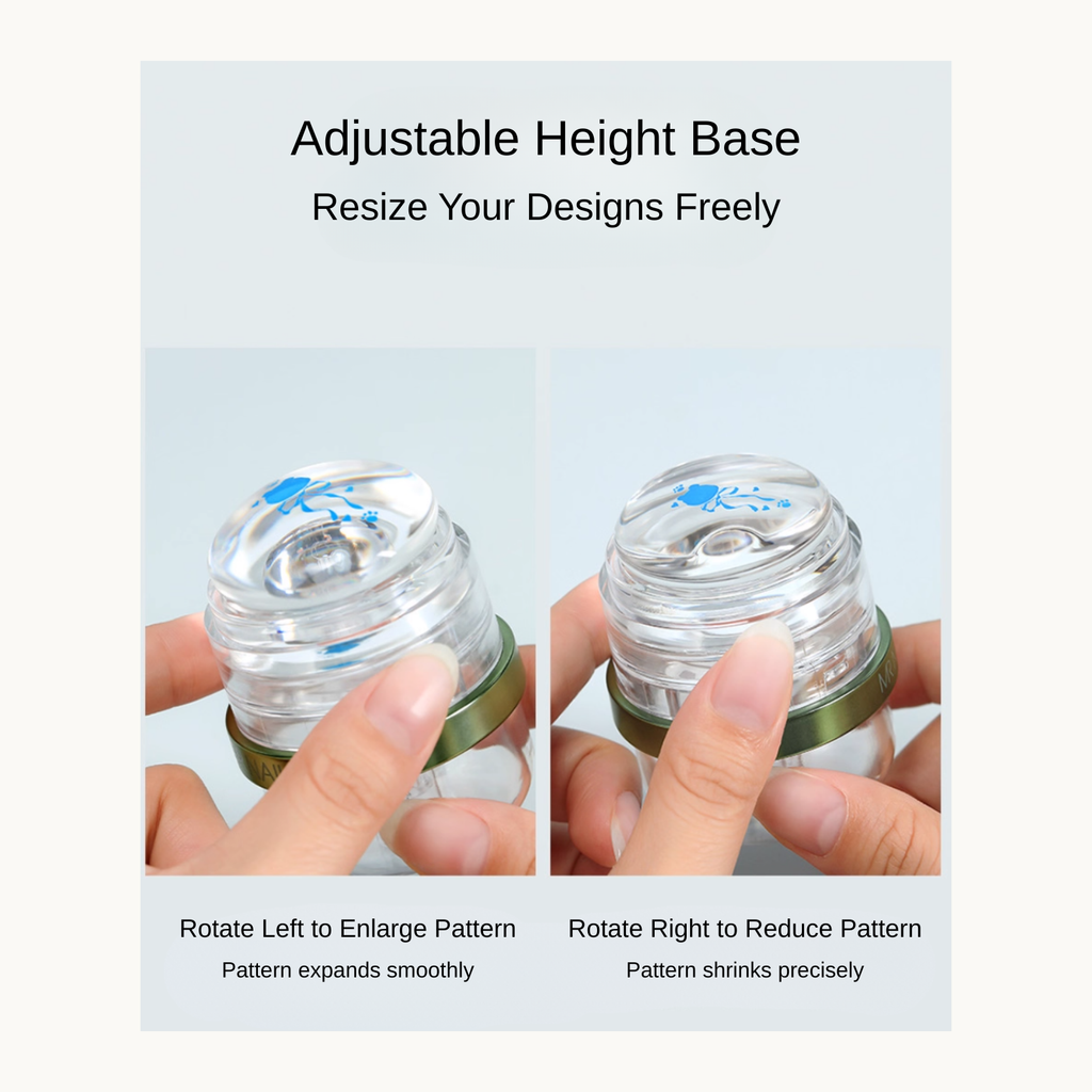 MR NAIL silicone stamper showing rotation method to enlarge or reduce nail art design size