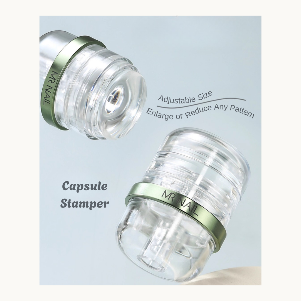 MR NAIL capsule stamper showing adjustable size feature to enlarge or shrink nail art patterns