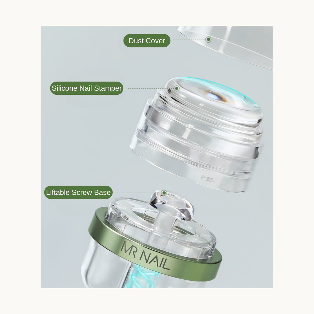 Exploded view of MR NAIL capsule stamper with dust cover, silicone head and liftable screw base