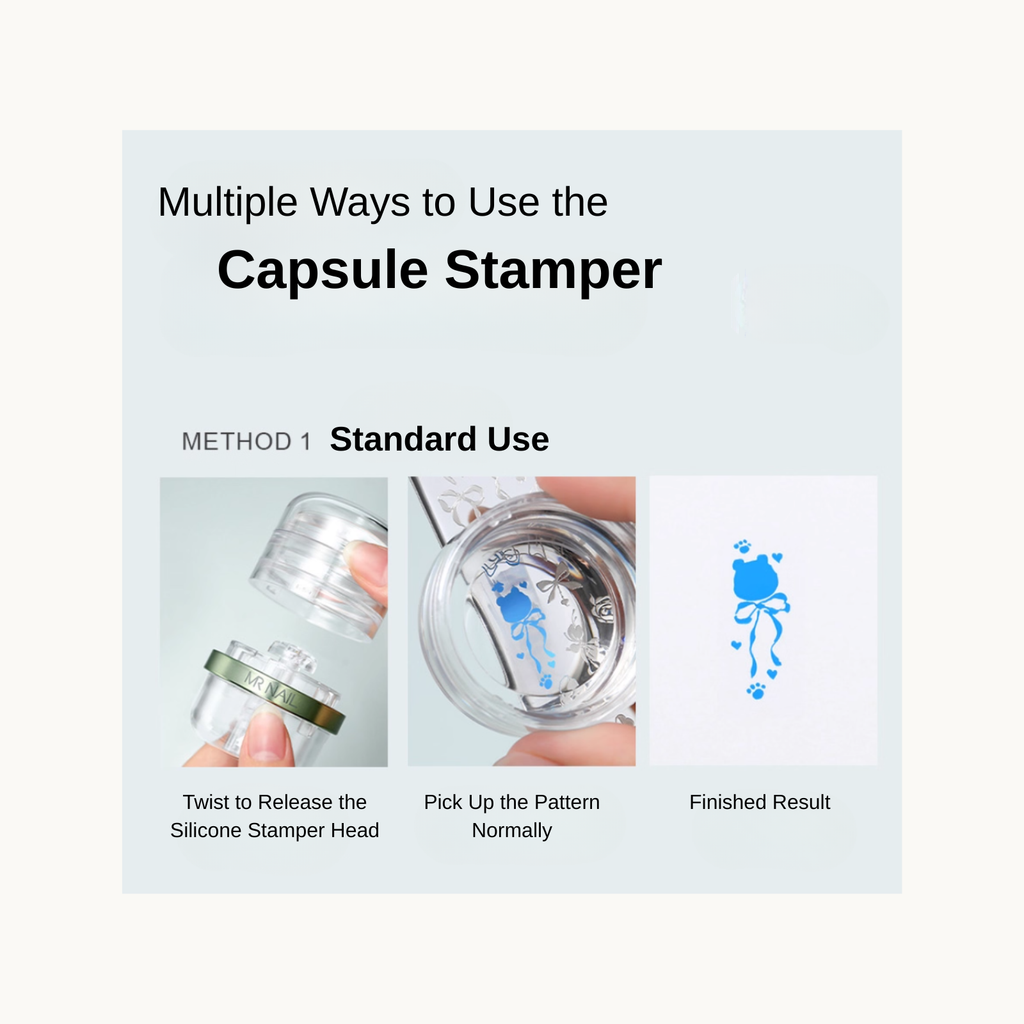 Step-by-step standard use of MR NAIL capsule stamper showing pickup and final result