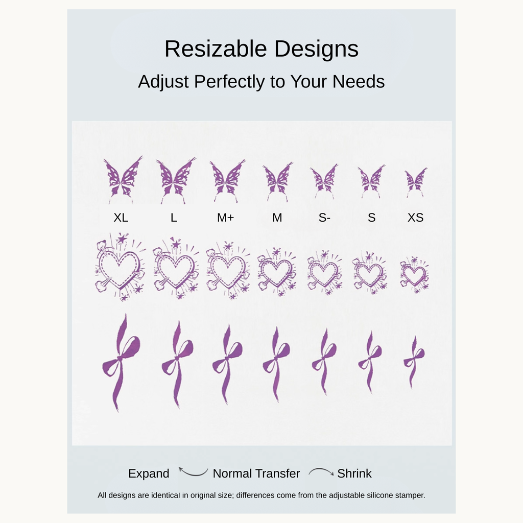 Different nail art pattern sizes created with MR NAIL adjustable silicone stamper