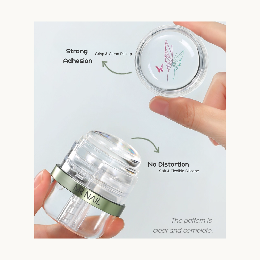 Close-up of MR NAIL silicone stamper showing strong adhesion and clean pattern pickup
