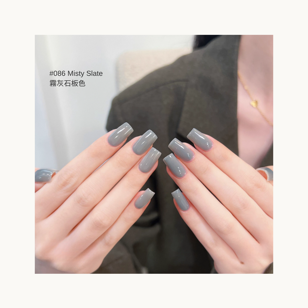 misty slate gray glossy gel manicure on long square nails
