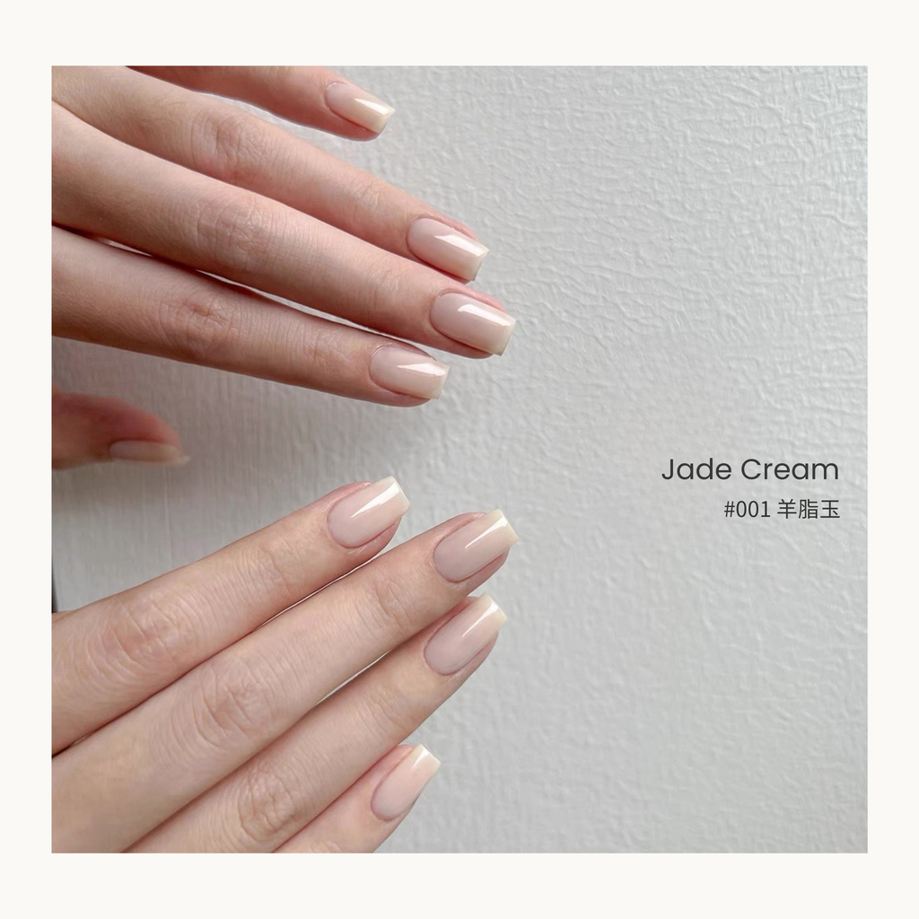 0-additive formula MODING “WÚ 無” Gentle Veil Collection Bottle Gel #001 Jade Cream 羊脂玉, translucent ivory nude tone inspired by creamy jade softness, perfect for natural manicures.