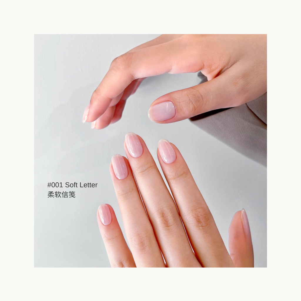 Soft pink sheer gel polish on natural nails – MODING 001 Soft Letter