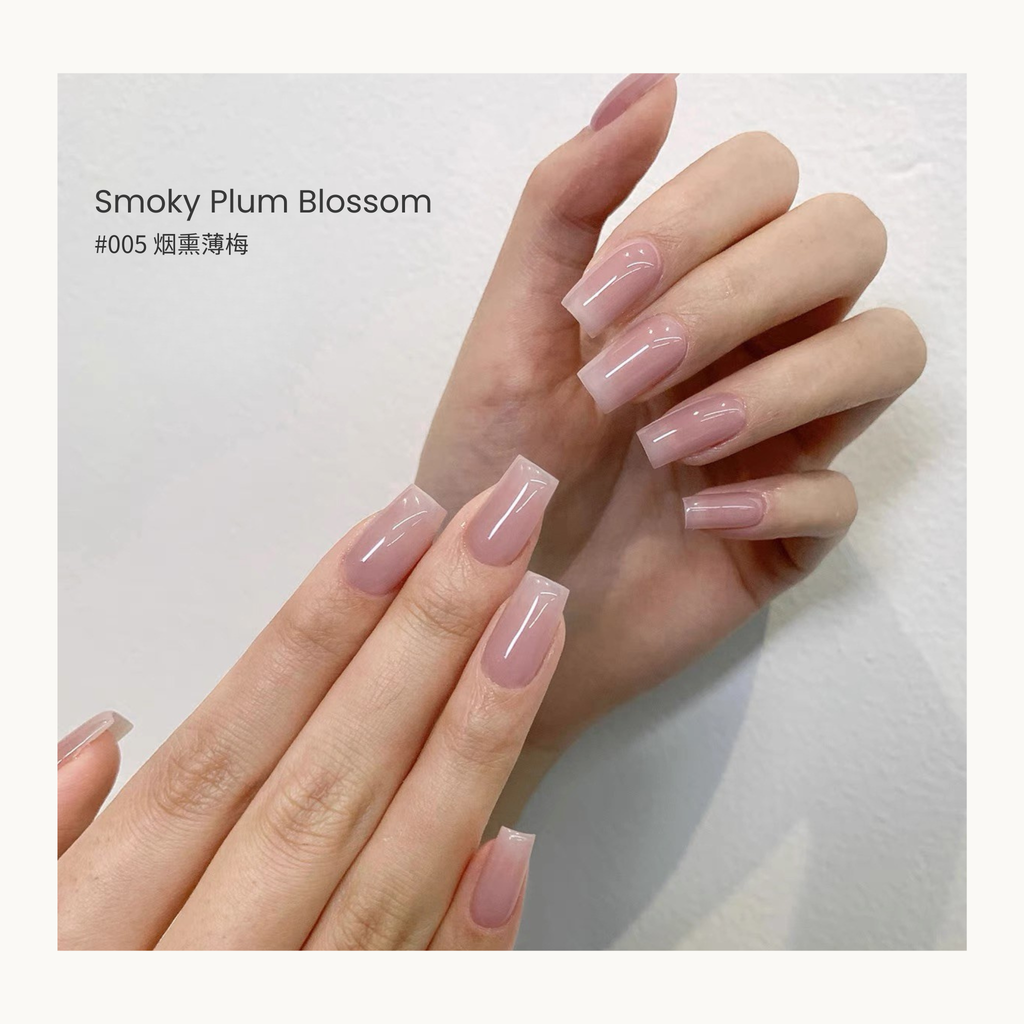 0-additive formula MODING “WÚ 無” Gentle Veil Collection Bottle Gel #005 Smoky Plum Blossom 烟熏薄梅花, sheer mauve nude with soft plum hue, elegant and serene.