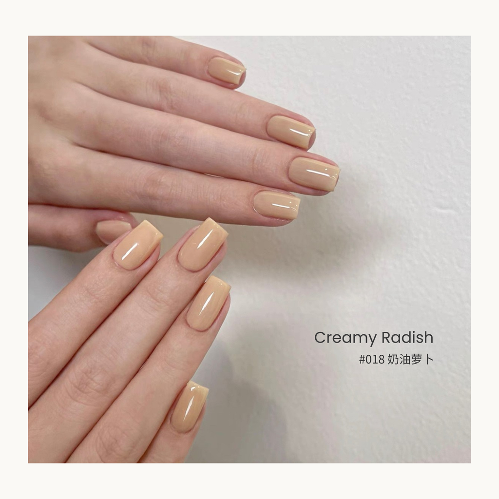 0-additive formula MODING “WÚ 無” Rain-Wet Greenhouse Collection Bottle Gel #018 Creamy Radish 奶油萝卜, soft beige-orange jelly finish ideal for mixed-color art.
