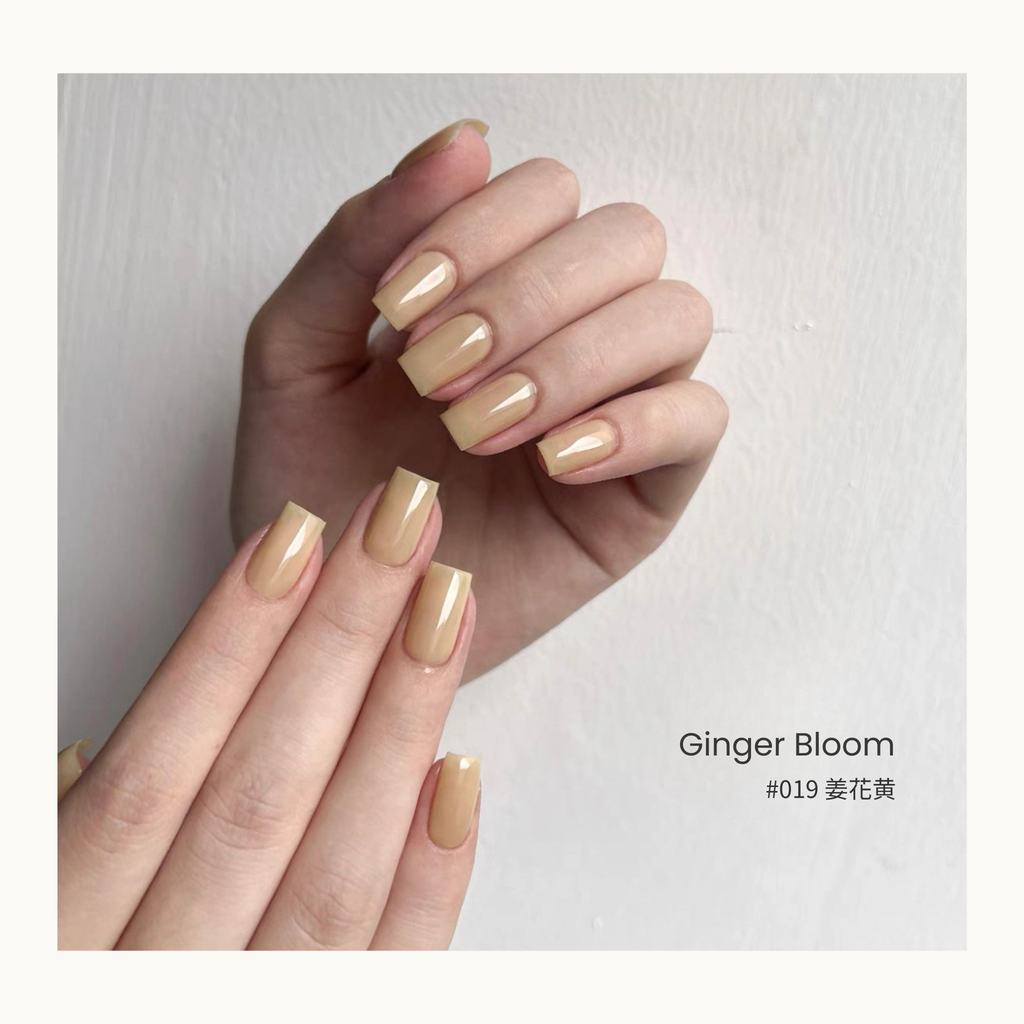 0-additive formula MODING “WÚ 無” Rain-Wet Greenhouse Collection Bottle Gel #019 Ginger Bloom 姜花黄, translucent yellow with subtle warmth, inspired by golden ginger petals.