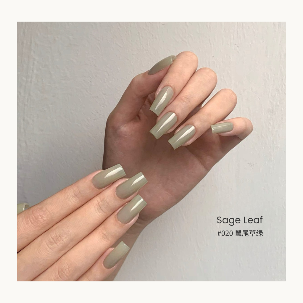 0-additive formula MODING “WÚ 無” Rain-Wet Greenhouse Collection Bottle Gel #020 Sage Leaf 鼠尾草绿, sheer green tone with cool calm vibe, perfect for natural jelly nails.