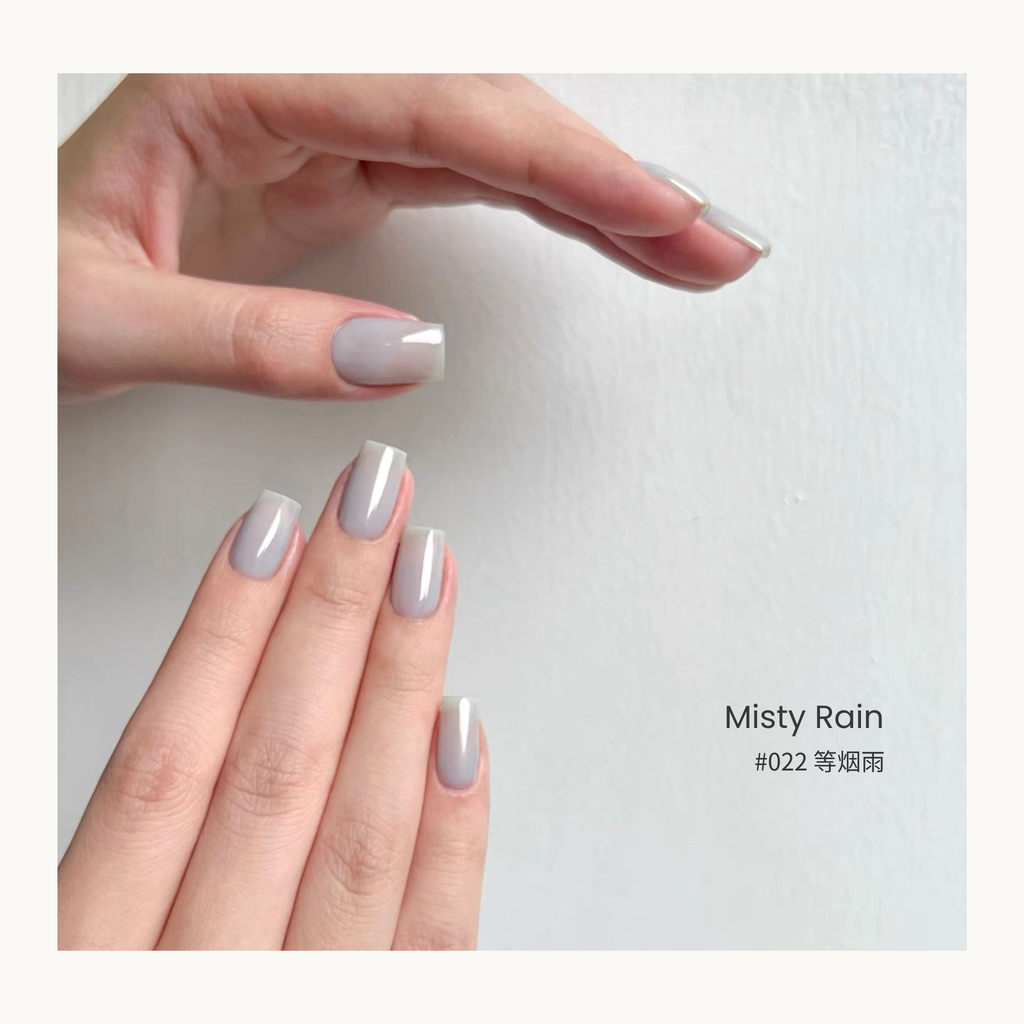 0-additive formula MODING “WÚ 無” Cold Wood Spring Bloom Collection Bottle Gel #022 Misty Rain 等烟雨, translucent grey-blue tone with misty texture, calm and poetic.