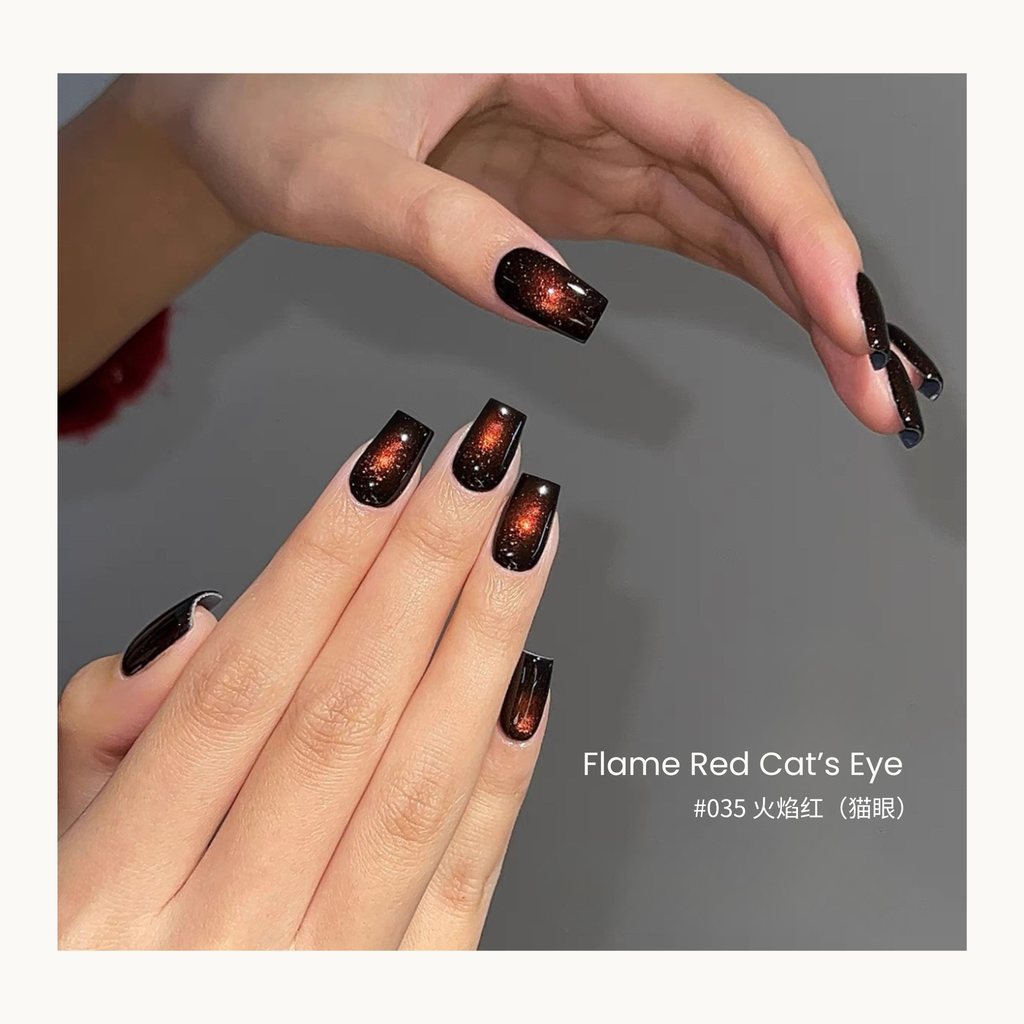 0-additive formula MODING “WÚ 無” Amber Oolong Collection Bottle Gel #035 Flame Red Cat’s Eye 火焰红猫眼, fiery red cat eye gel, rich shimmer and high-saturation finish.