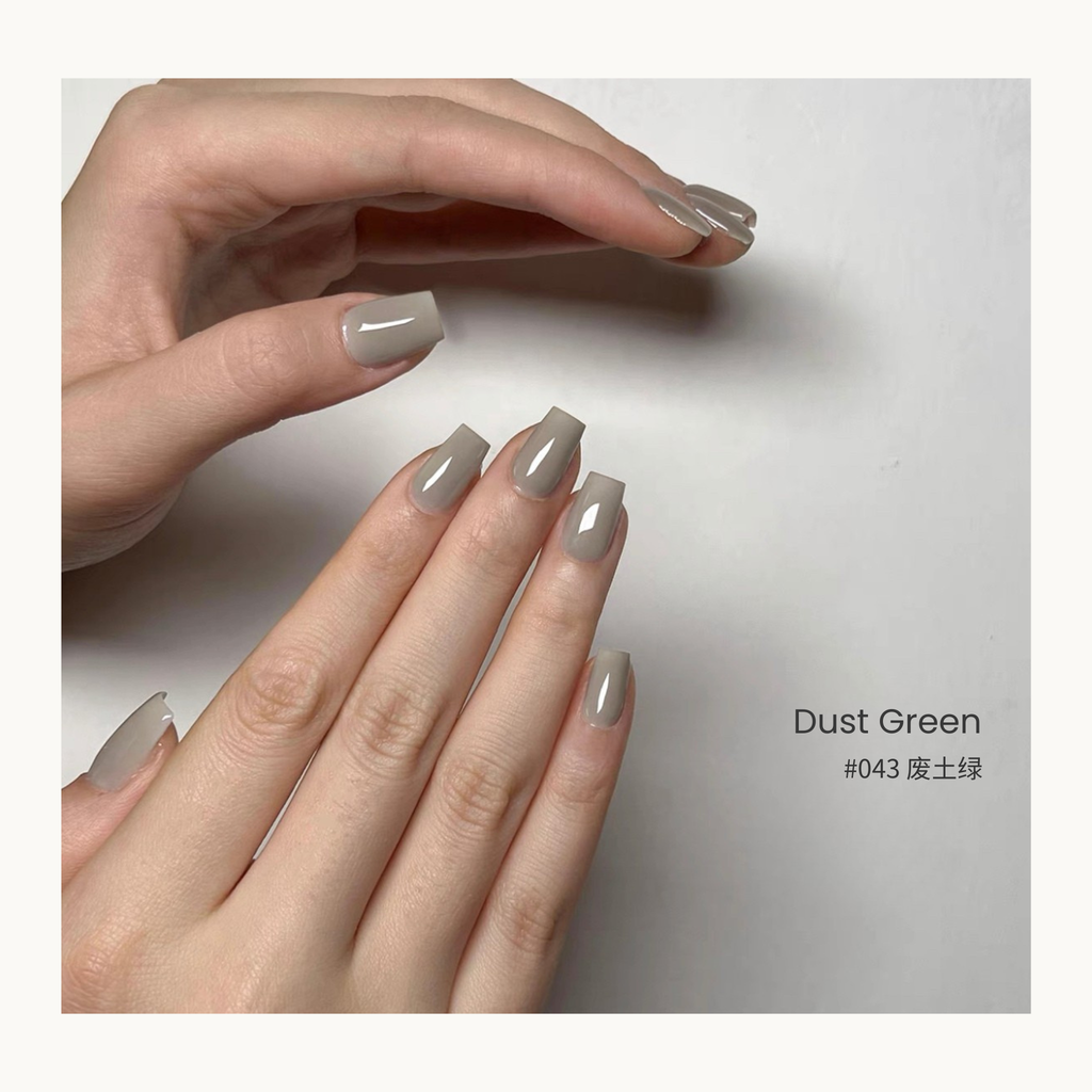 0-additive formula MODING “WÚ 無” Fall Whisper Collection Bottle Gel #043 Dust Green 废土绿, earthy olive tone blending grey and khaki, versatile and modern.