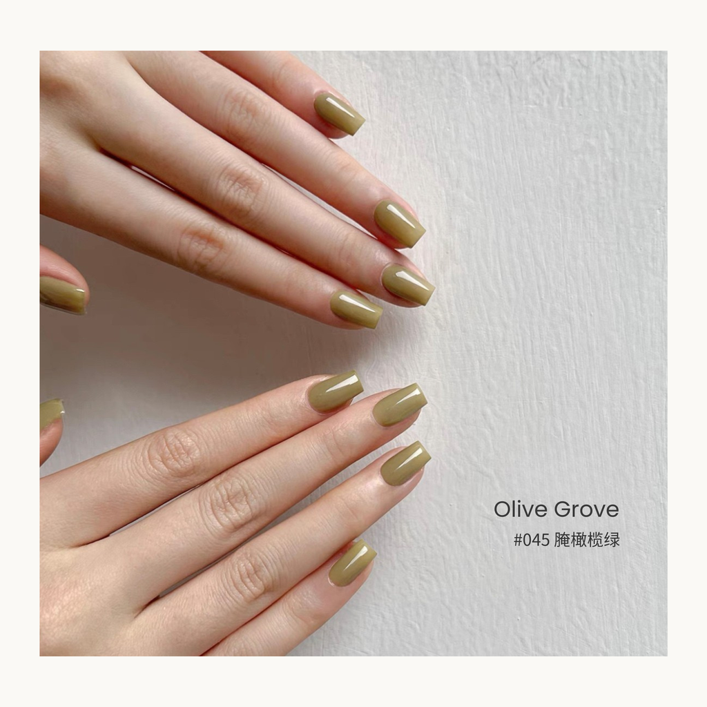0-additive formula MODING “WÚ 無” Rain-Wet Greenhouse Collection Bottle Gel #045 Olive Grove 腌橄榄绿, olive-green semi-transparent shade ideal for earthy manicures.