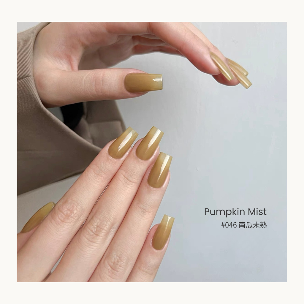 0-additive formula MODING “WÚ 無” Rain-Wet Greenhouse Collection Bottle Gel #046 Pumpkin Mist 南瓜未熟, muted pumpkin beige jelly tone, warm and modern.