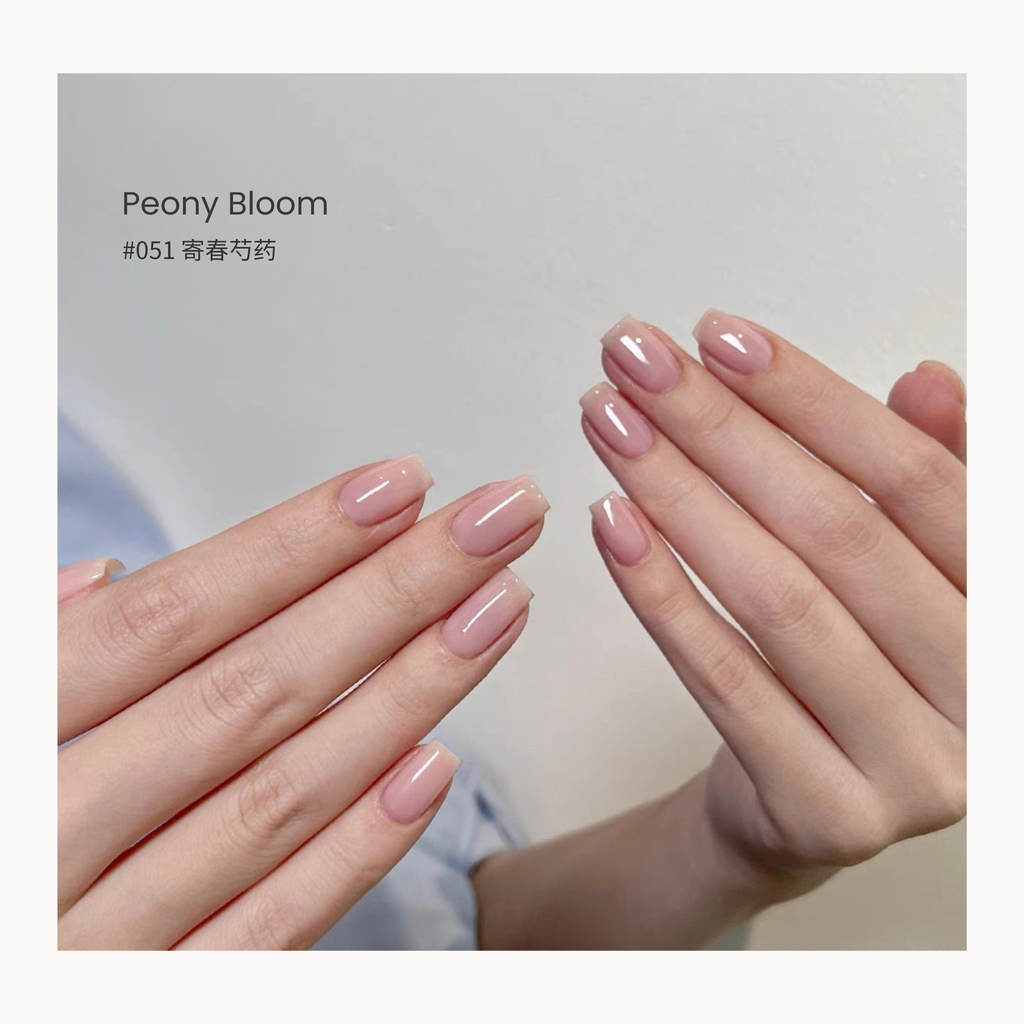 0-additive formula MODING “WÚ 無” Cold Wood Spring Bloom Collection Bottle Gel #051 Peony Bloom 寄春芍药, sheer pink-nude inspired by spring petals, soft and romantic.