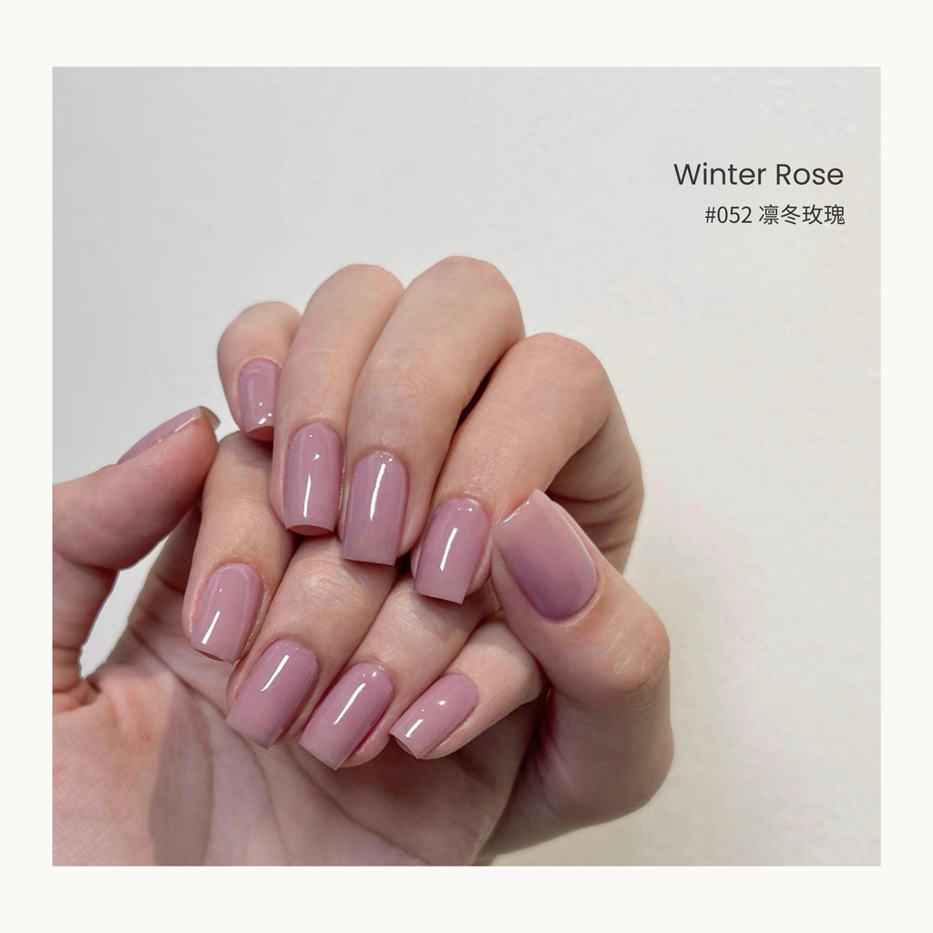 0-additive formula MODING “WÚ 無” Cold Wood Spring Bloom Collection Bottle Gel #052 Winter Rose 凛冬玫瑰, elegant mauve-rose tone with cool undertone, refined and chic.
