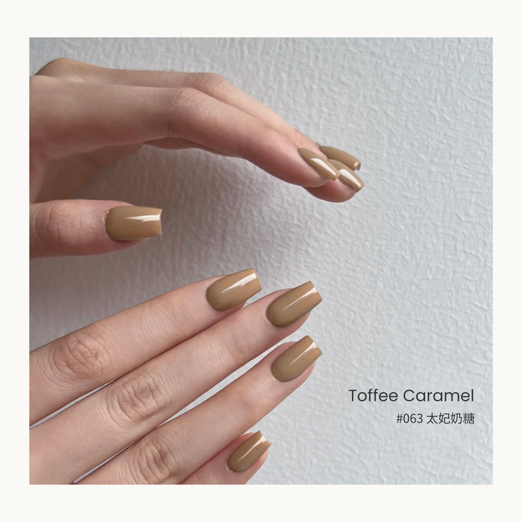 0-additive formula MODING “WÚ 無” Fall Whisper Collection Bottle Gel #063 Toffee Caramel 太妃奶糖, soft caramel beige, sweet and wearable for daily autumn nails.