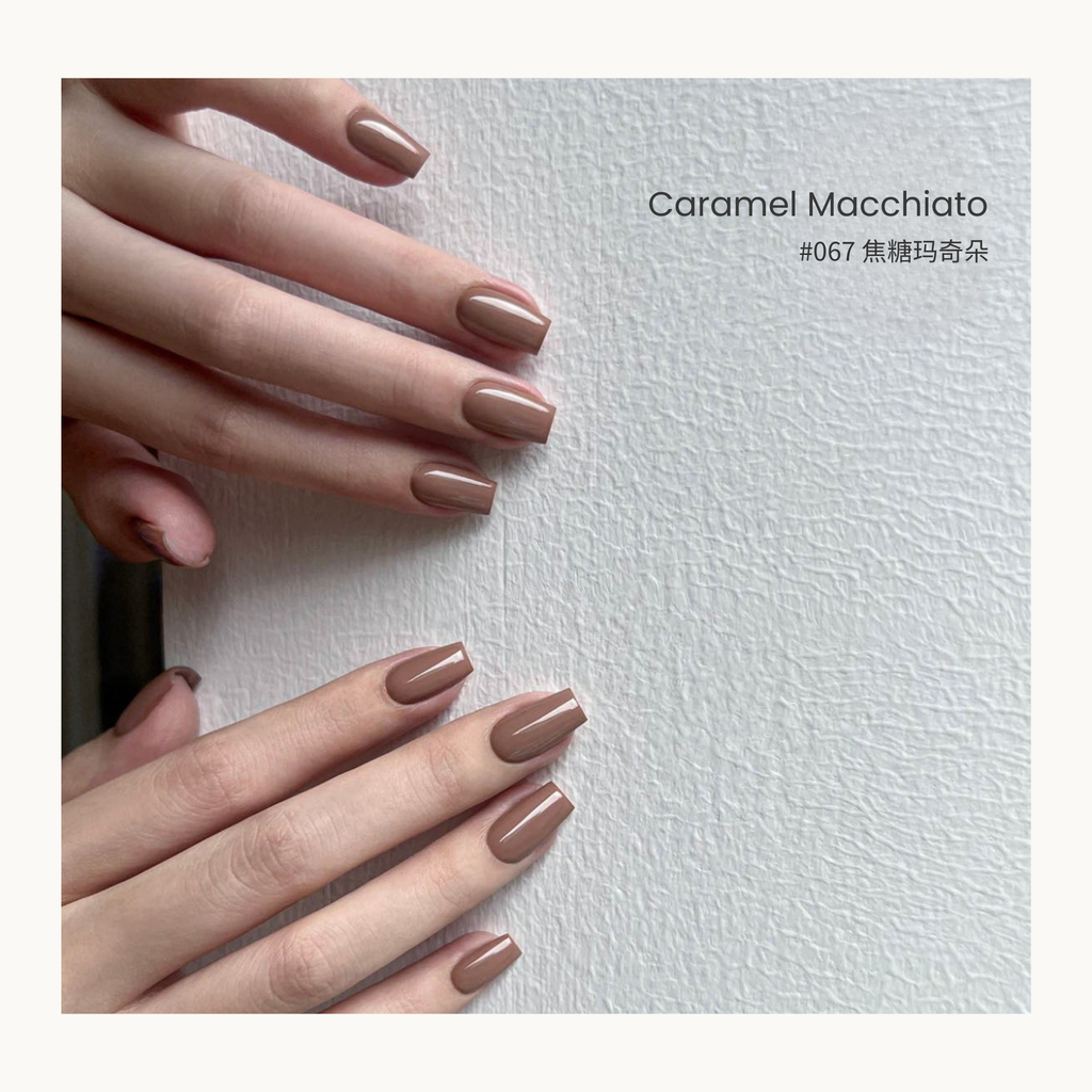 0-additive formula MODING “WÚ 無” Fall Whisper Collection Bottle Gel #067 Caramel Macchiato 焦糖玛奇朵, neutral coffee caramel tone, stylish and comforting.