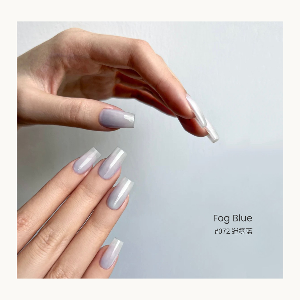 0-additive formula MODING “WÚ 無” Cold Wood Spring Bloom Collection Bottle Gel #072 Fog Blue 迷雾蓝, sheer misty blue shade with soft cold light reflection, perfect for modern minimalist nails.