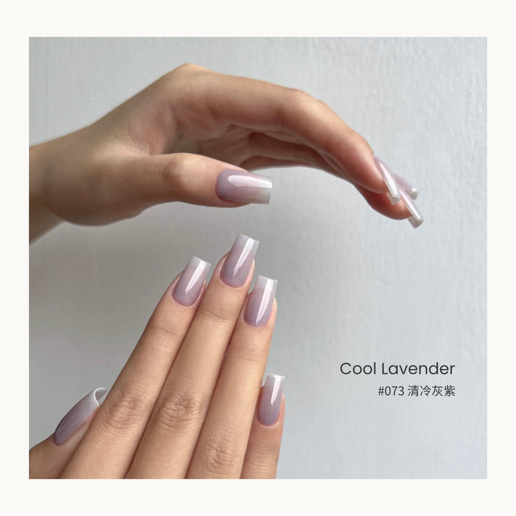 0-additive formula MODING “WÚ 無” Cold Wood Spring Bloom Collection Bottle Gel #073 Cool Lavender 清冷灰紫, lavender-grey gel with gentle translucence, calm and classy.