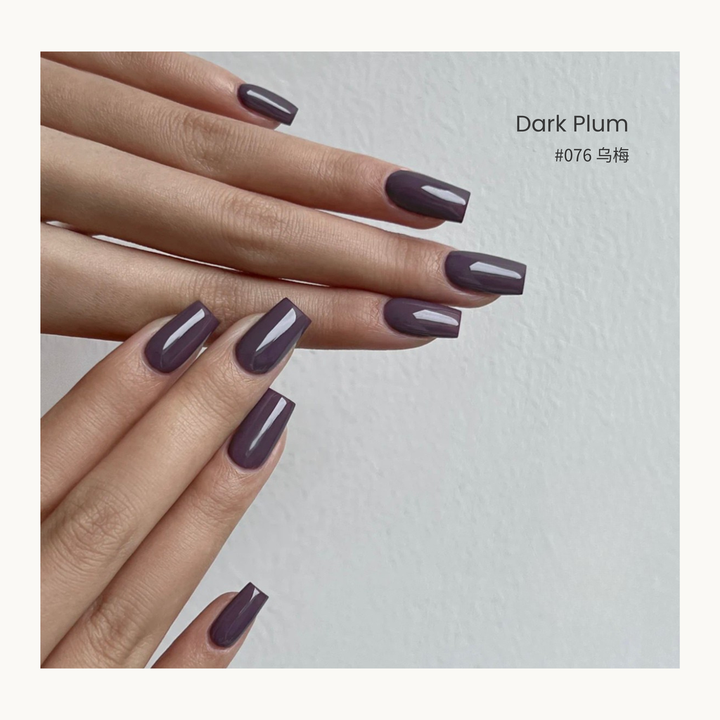 0-additive formula MODING “WU 無” Series Azure Bamboo Hills Bottle Gel #076 Dark Plum 乌梅, muted berry-plum tone with elegant depth and shine.
