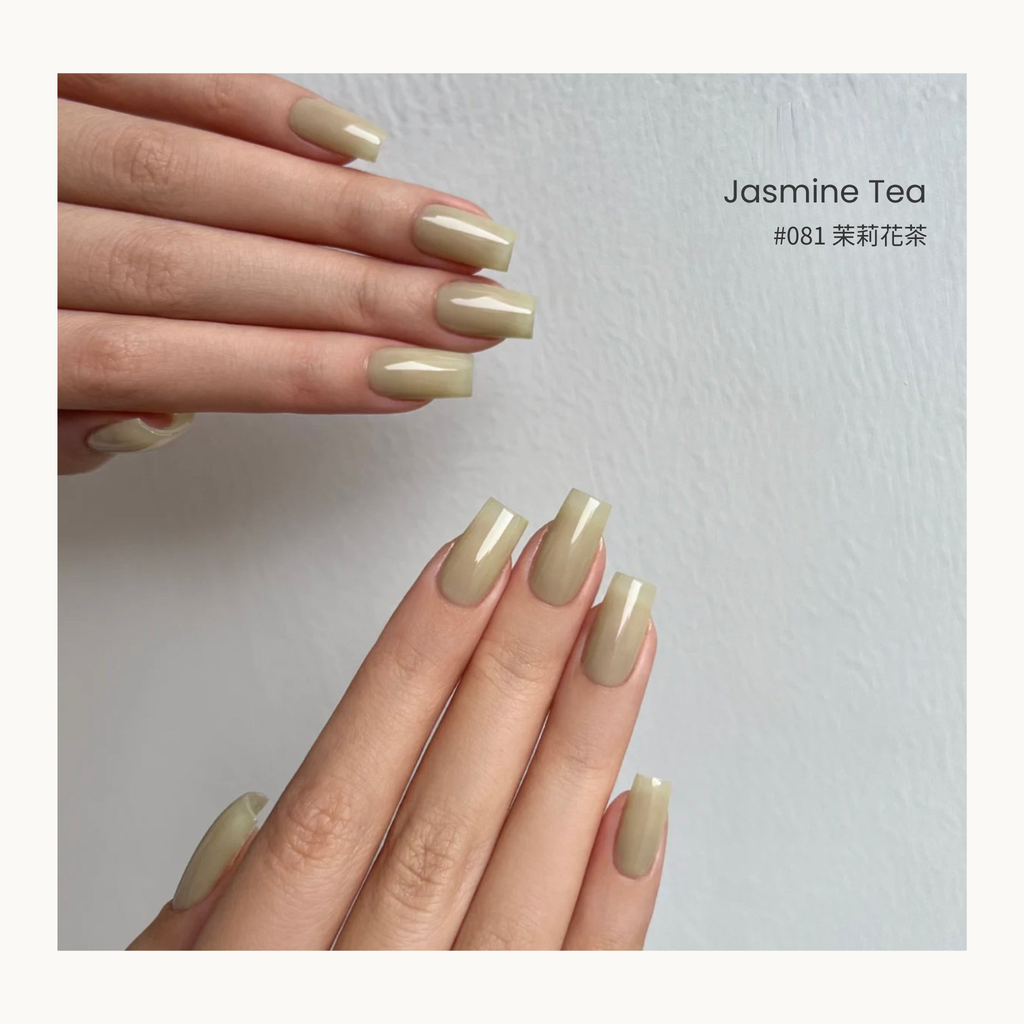 0-additive formula MODING “WÚ 無” Cold Wood Spring Bloom Collection Bottle Gel #081 Jasmine Tea 茉莉花茶, soft neutral beige tone inspired by tea light color, natural and clean.