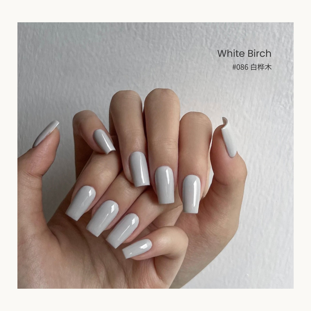 0-additive formula MODING “WU 無” Series Azure Bamboo Hills Bottle Gel #086 White Birch 白桦木, warm white-gray nude tone perfect for minimalist nail art.