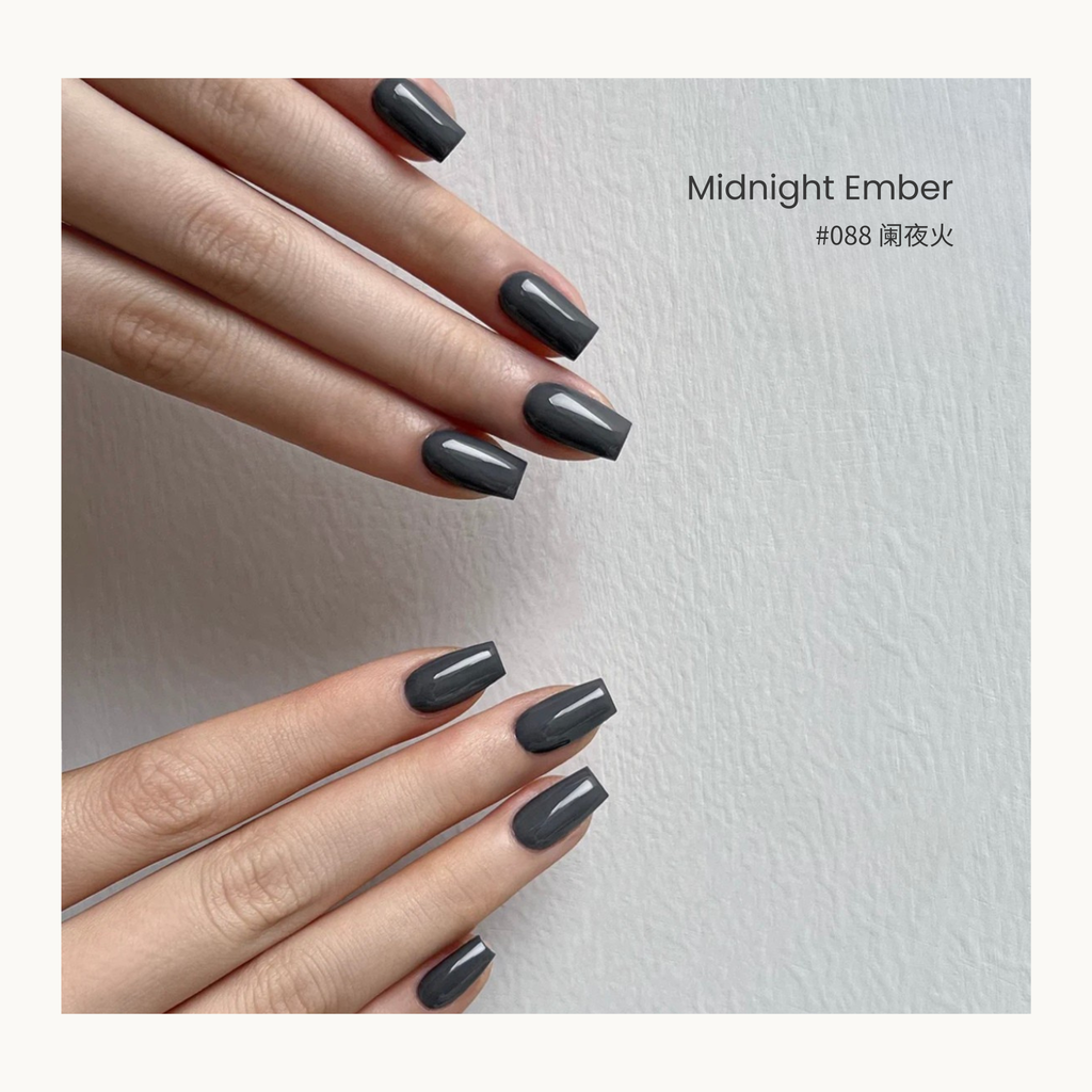 0-additive formula MODING “WU 無” Series Azure Bamboo Hills Bottle Gel #088 Midnight Ember 阑夜火, deep gray-violet tone evoking twilight elegance.