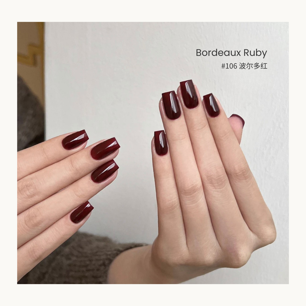 0-additive formula MODING “WÚ 無” Scarlet Chagall Collection Bottle Gel #106 Bordeaux Burgundy 波尔多红, rich wine red shade exuding depth and maturity.