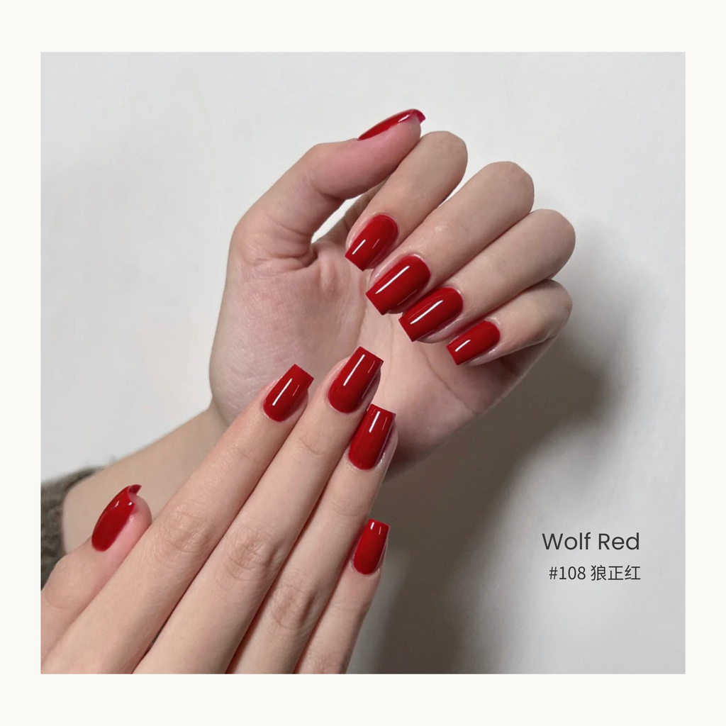 0-additive formula MODING “WÚ 無” Scarlet Chagall Collection Bottle Gel #108 Wolf Scarlet 狼正红, vivid scarlet tone, commanding and full of confidence.