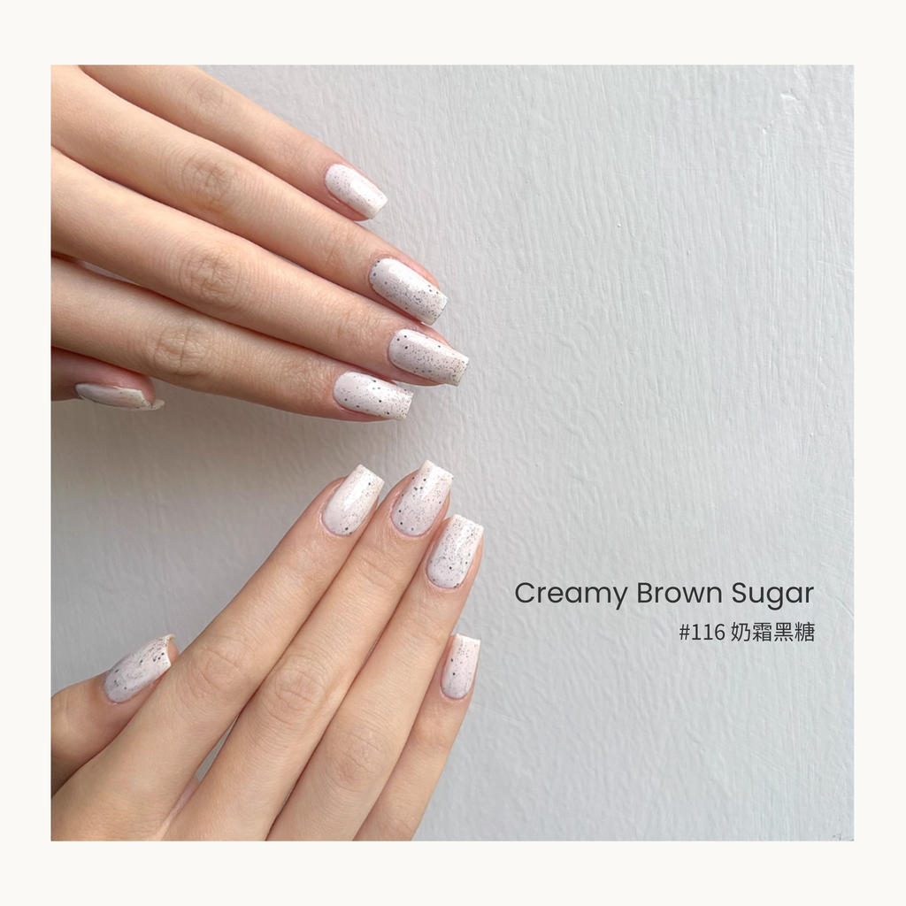 MODING #116 Creamy Brown Sugar gel polish with a milky beige base and speckled effect.