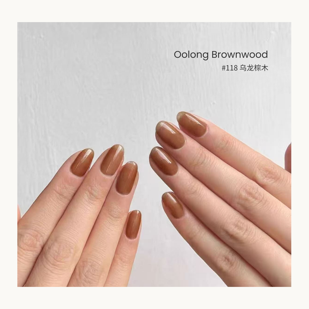 MODING #118 Oolong Brownwood gel polish in a warm translucent brown tone.
