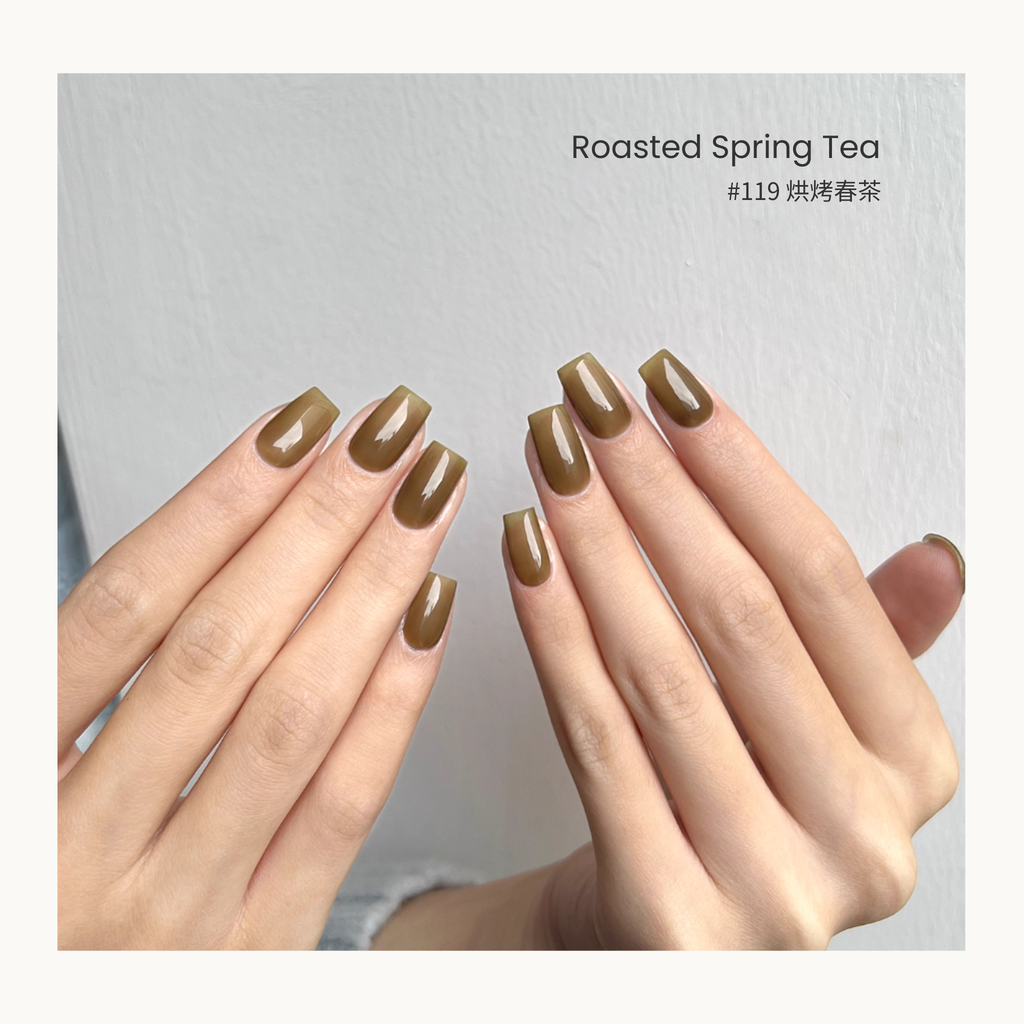 MODING #119 Roasted Spring Tea gel polish in a warm olive-brown tea-inspired shade.